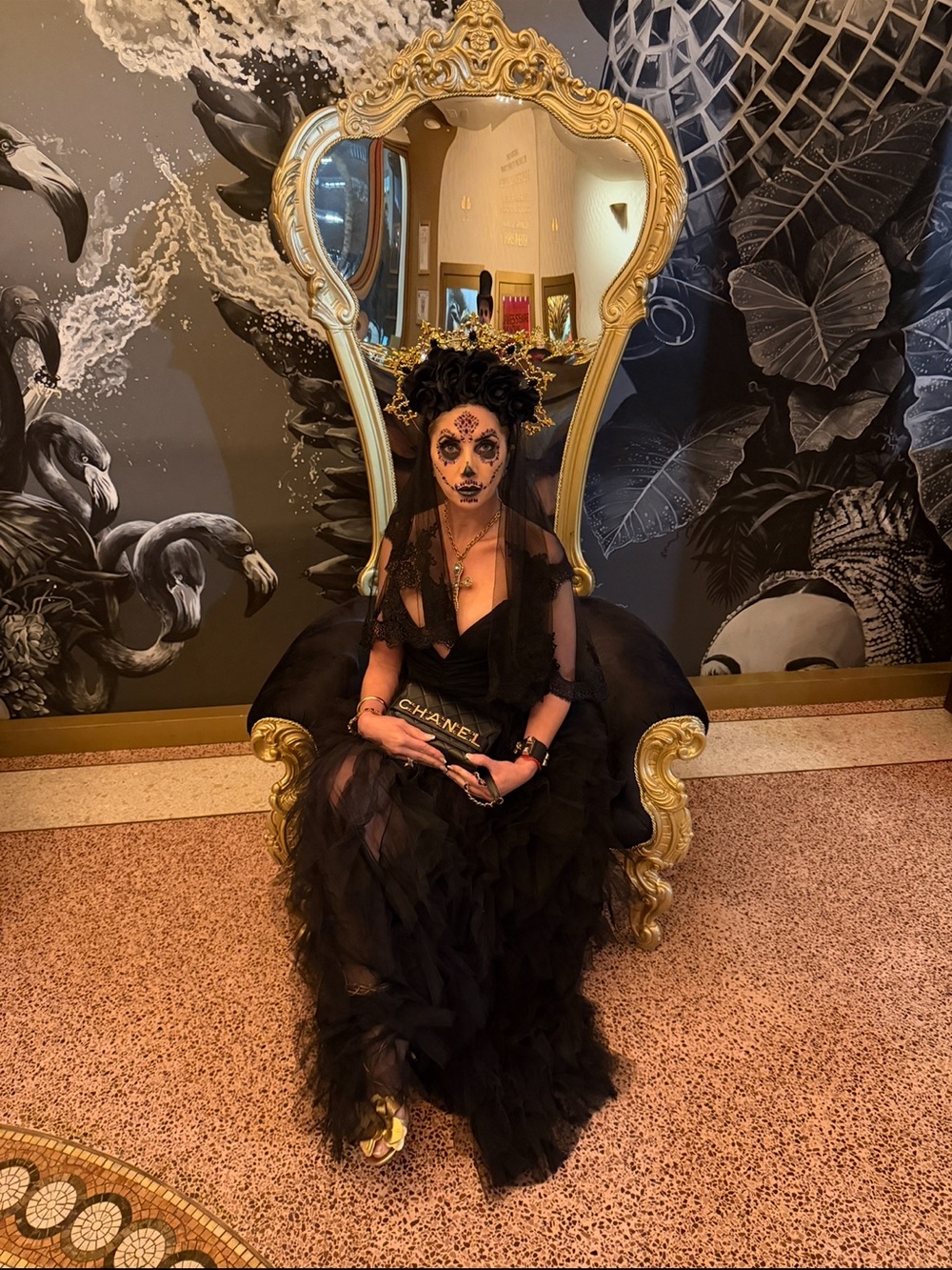 Dias de los Muertos Halloween Costume Dress, Veil, black flowers, and Crown - Picture 3 of 4